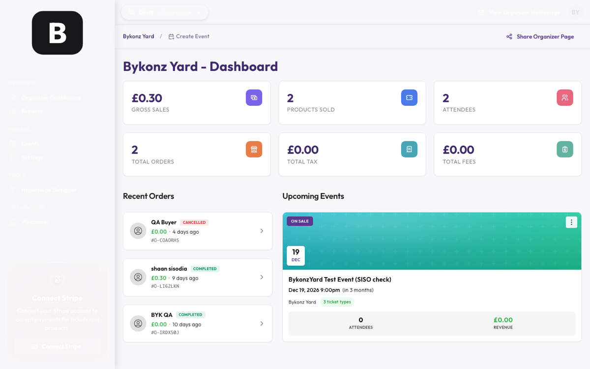 The BykonzYard ticketing dashboard showing sales totals, recent orders and upcoming events