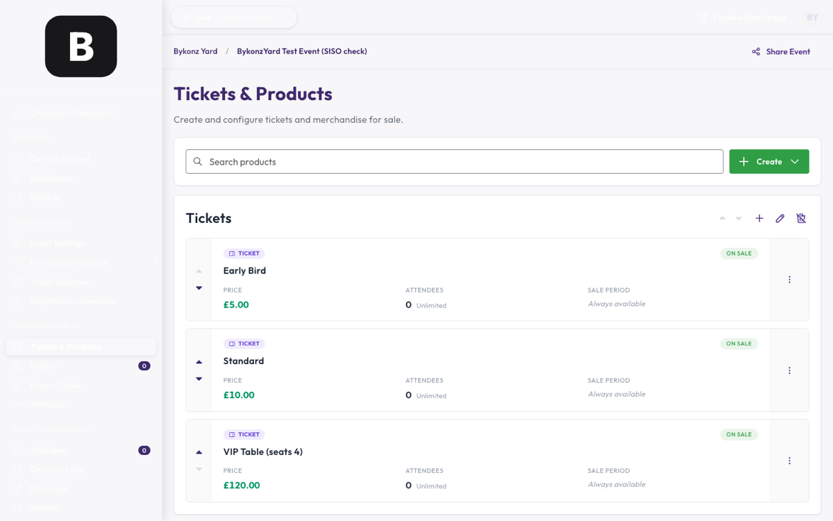 Tickets and Products screen listing Early Bird, Standard and VIP Table ticket types with prices