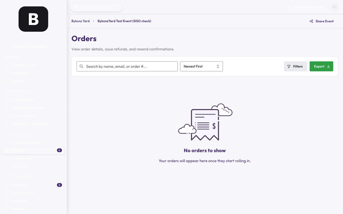 Orders screen listing ticket purchases