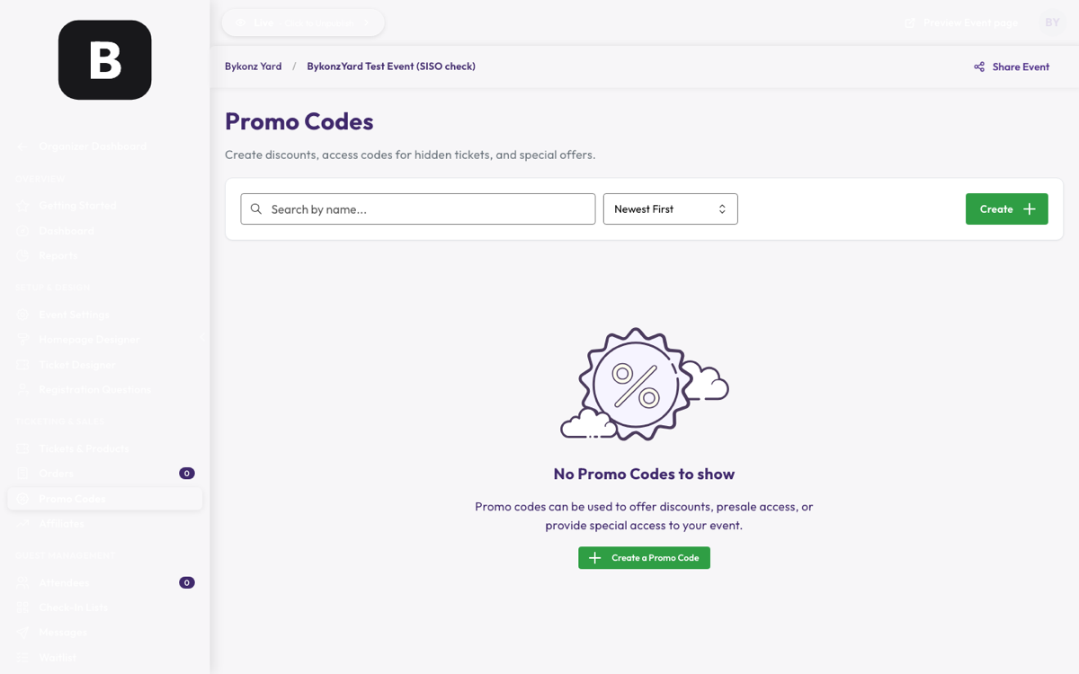 Promo Codes screen